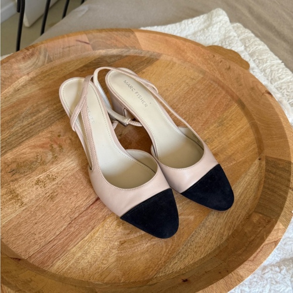 Marc Fisher Women's Black and Cream Slingback Cap toe Chanel Look Alike Heels